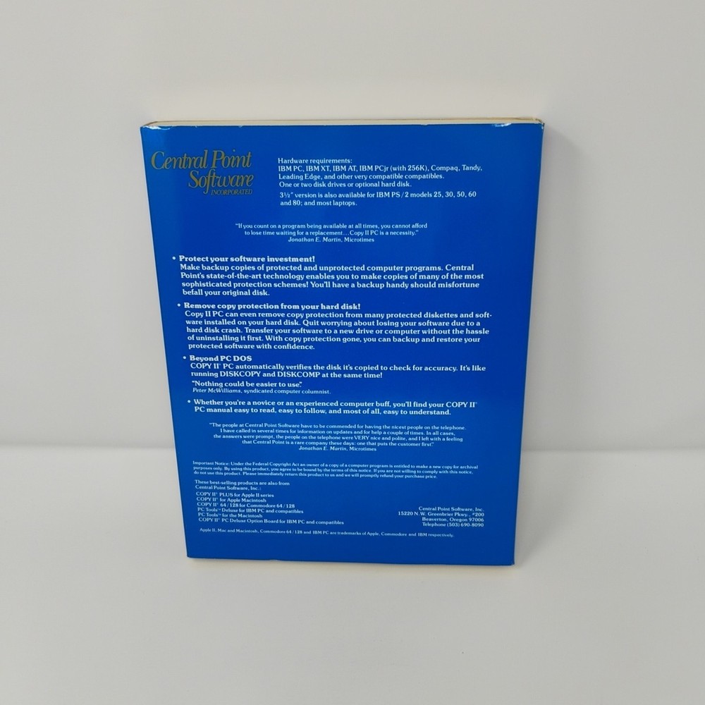 COPY II PC Central Point Computer Software Big Box Floppy 5.25 Disk Vintage 1988