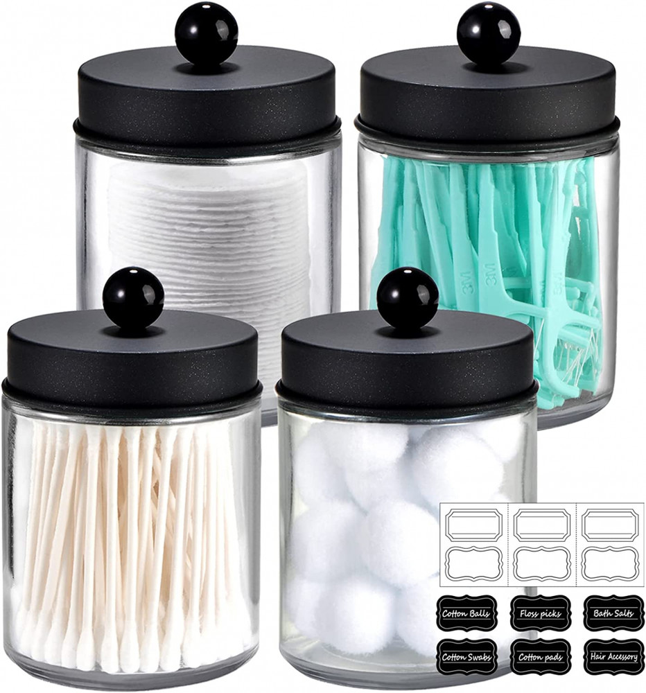 4 Pack Apothecary Jars Bathroom Vanity Storage Organizer Set Black