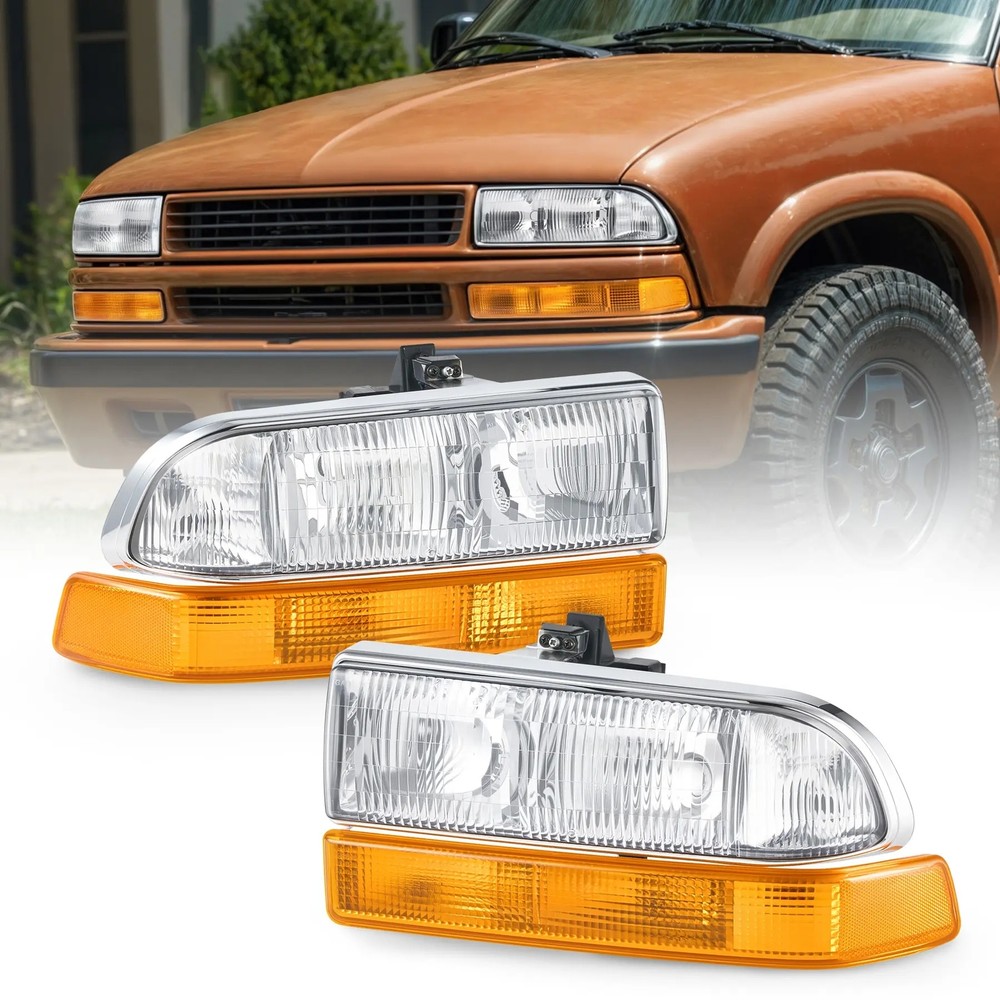 Pair Chrome Amber Headlights Assembly Halogen For 1998-2004 Chevy S10 Blazer