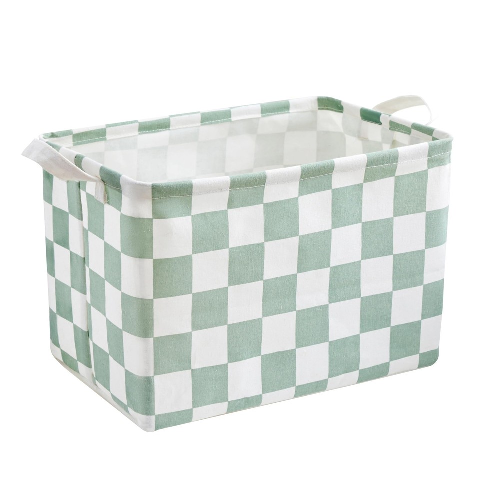 Sage Green Checkered Canvas Basket, Rectangular Organizing Decorative Storage...