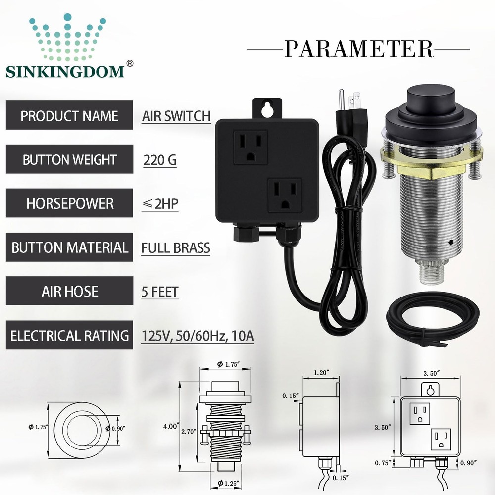 SinkTop Air Switch Kit (Long Full Brass Button) for A Matte Black