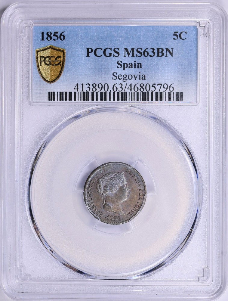 Spain 1856 5 Centimos PCGS MS-63 BN