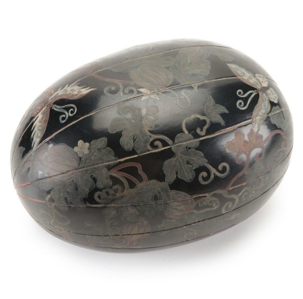 Japanese Carved & Painted Lacquer Melon Box