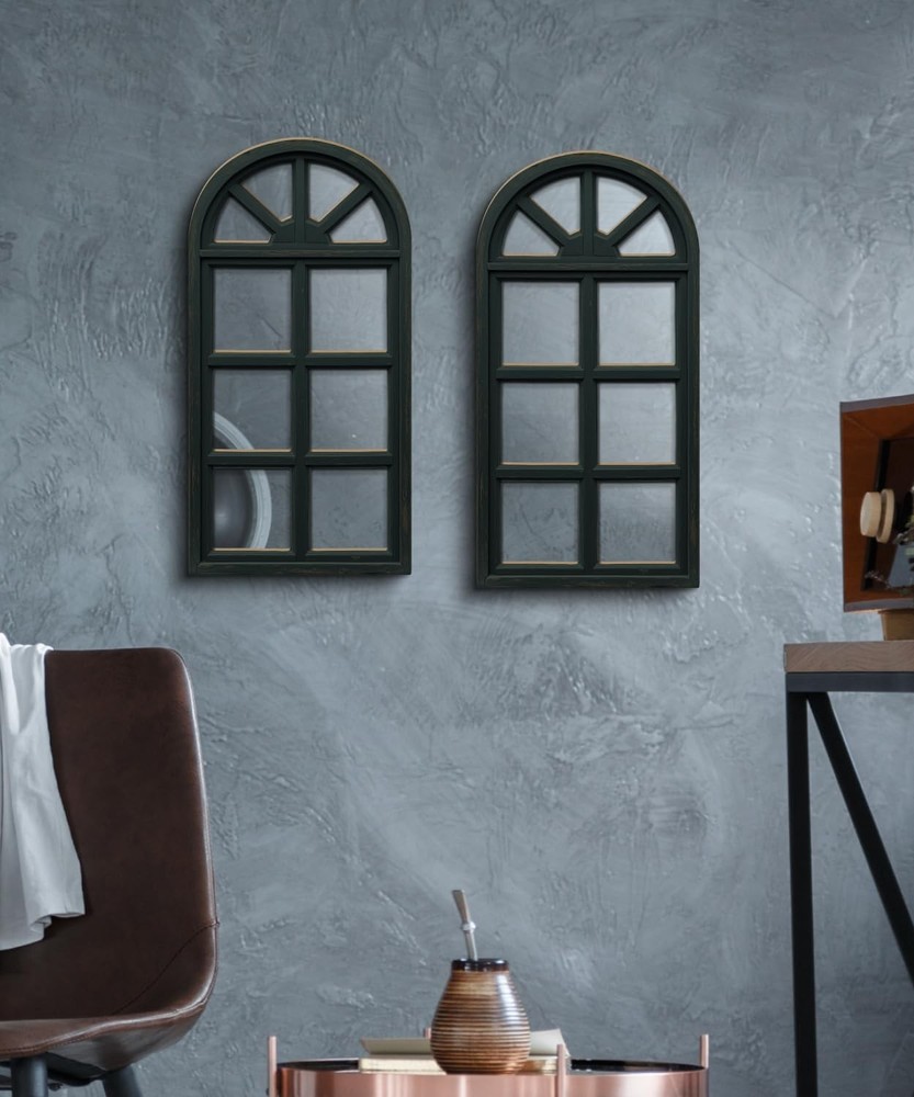 Set of 2 Arched Window Frame Wall Decor with Acrylic Mirror Rustic Decorative...