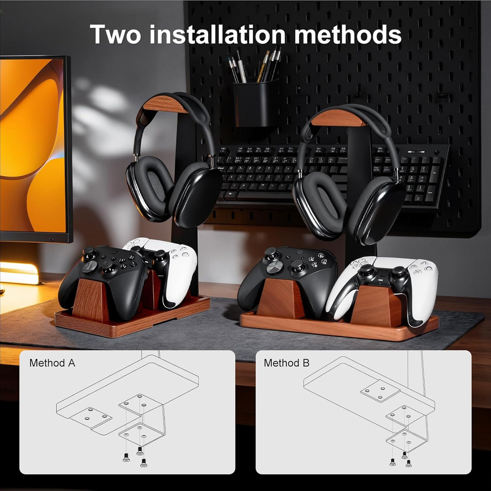Headset Stand with 2 Controller Holders - Solid Wood & Metal Gaming Headphone Ho