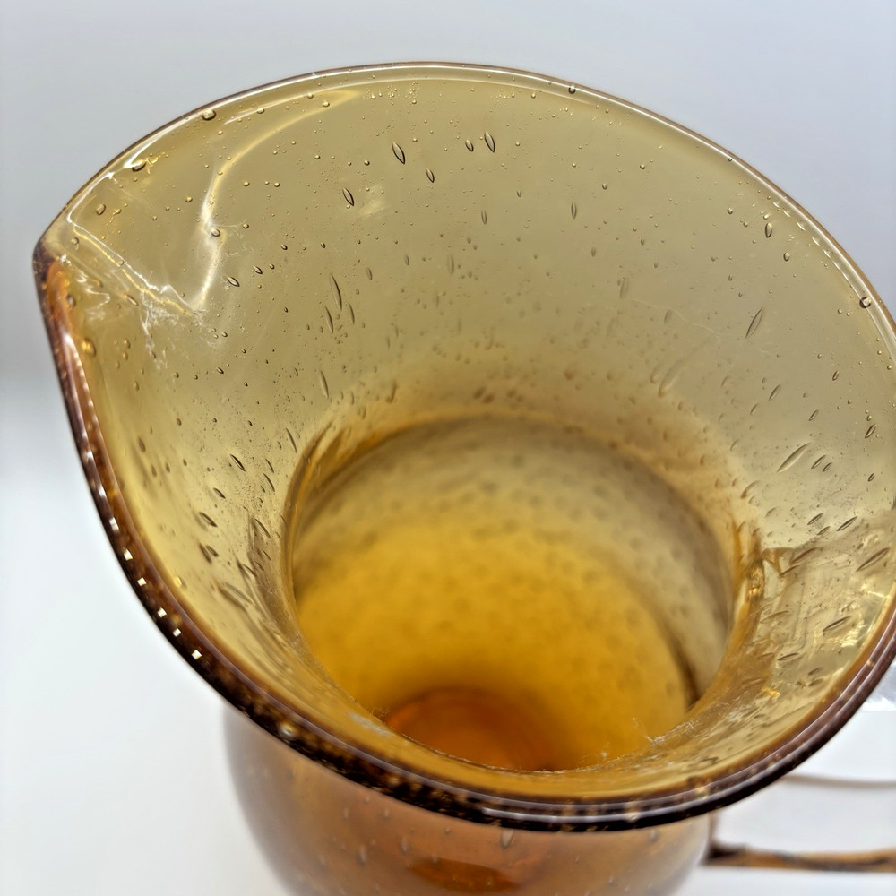 Hand blown Bubble Glass Pitcher Amber/Gold Clear Handle