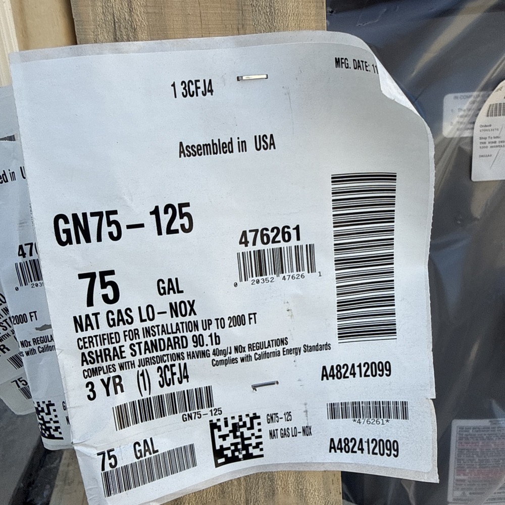Rheem GN75-125 Natural Gas Commercial Water Heater, 75 Gal 125,000 BTU Low NOx
