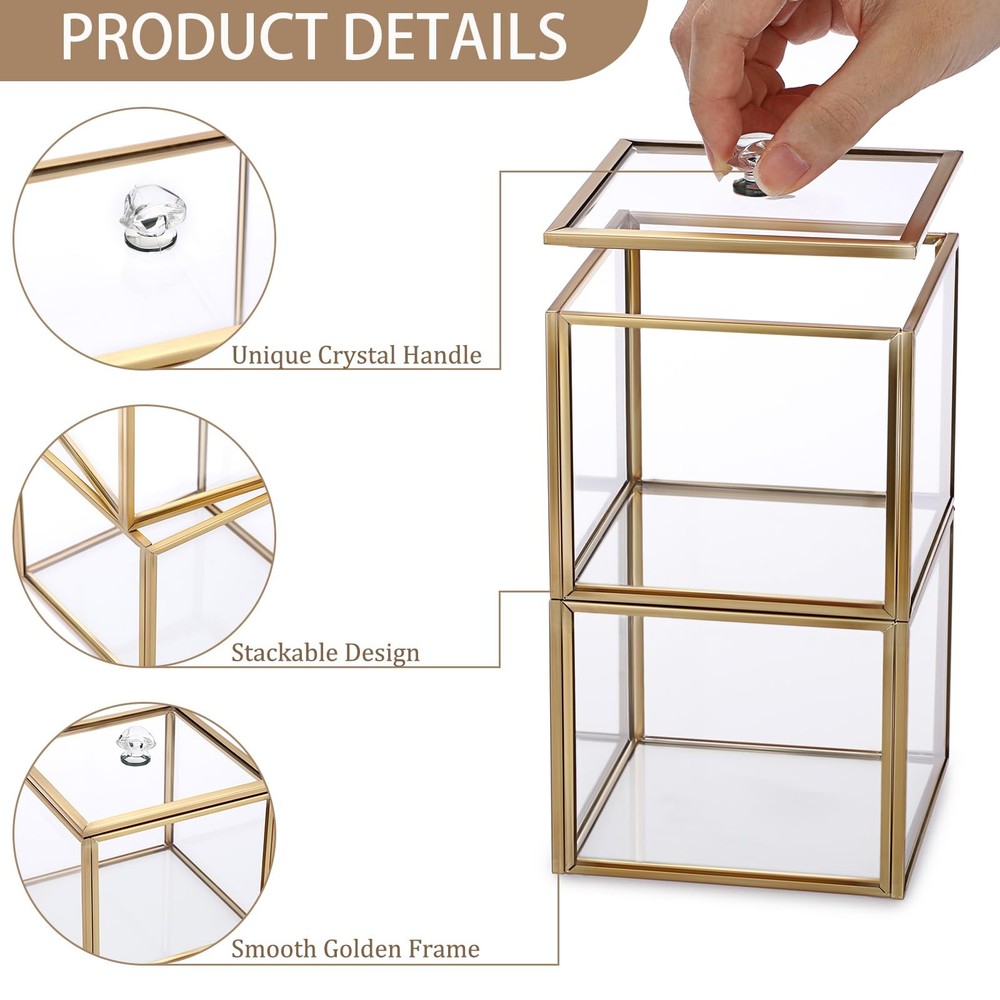 Hipiwe Glass Qtip Holder Dispenser with Lid 2-Tier Stackable Bathroom Gold