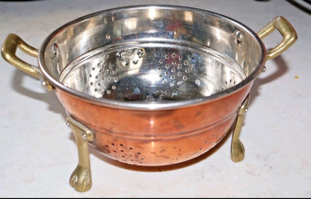 Heavyweight Small Copper  Solid Brass Handles Footed 6" Petite Colander Strainer
