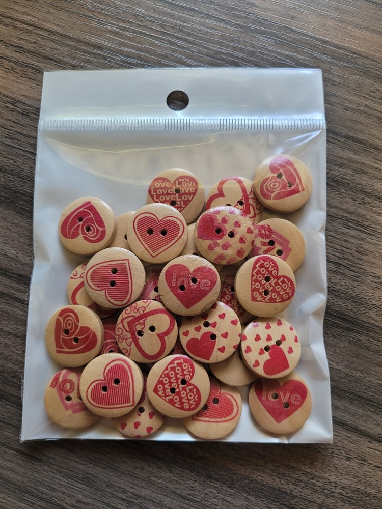 28 Printed Wooden Buttons, Flat Round with 7 different Heart Patterns