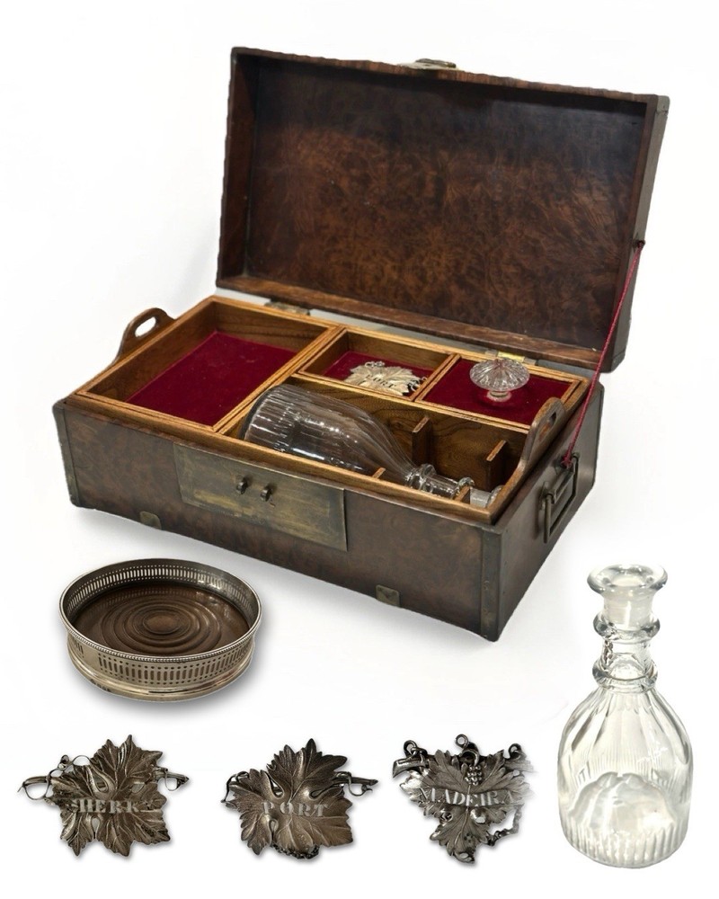 RARE! Wine Cellarette Set: •Handmade Box •Sterling Coaster •3 Sterling Labels