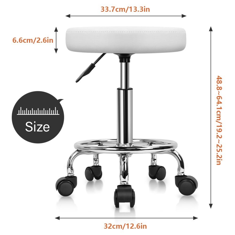 PU Leather Round Rolling Stool W/ Foot Rest Swivel Height Adjustable Stool Spa