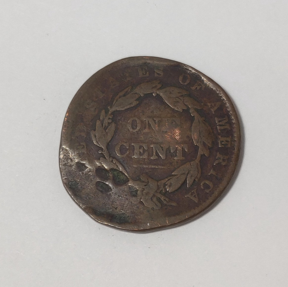 1837 LARGE CENT CORONET HEAD DAMAGED + BENT + SMASHED