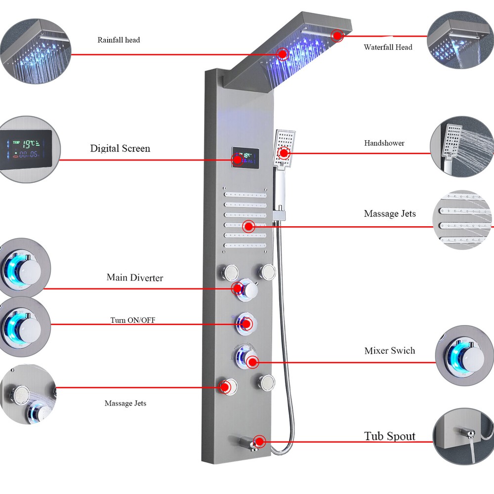 Stainless Steel Rainfall&Waterfall Shower Panel Tower System Massage Jet Sprayer