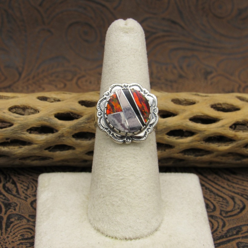 *Sterling Silver Multi Stone Inlay Ring Size 6.75