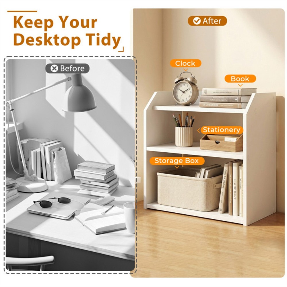 3-Tier Desktop Storage Shelf Raised Guardrail Anti-Fall Tabletop Organizer