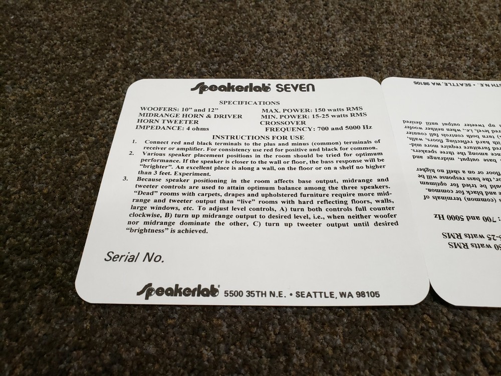Speakerlab SEVEN Label Sticker For Model with L-Pads