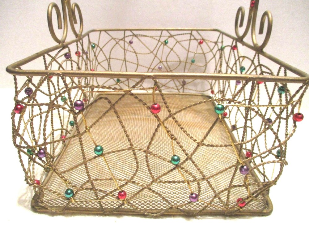 Gold Metal Rectangular Beaded Basket With Handle Open Scroll Weaved