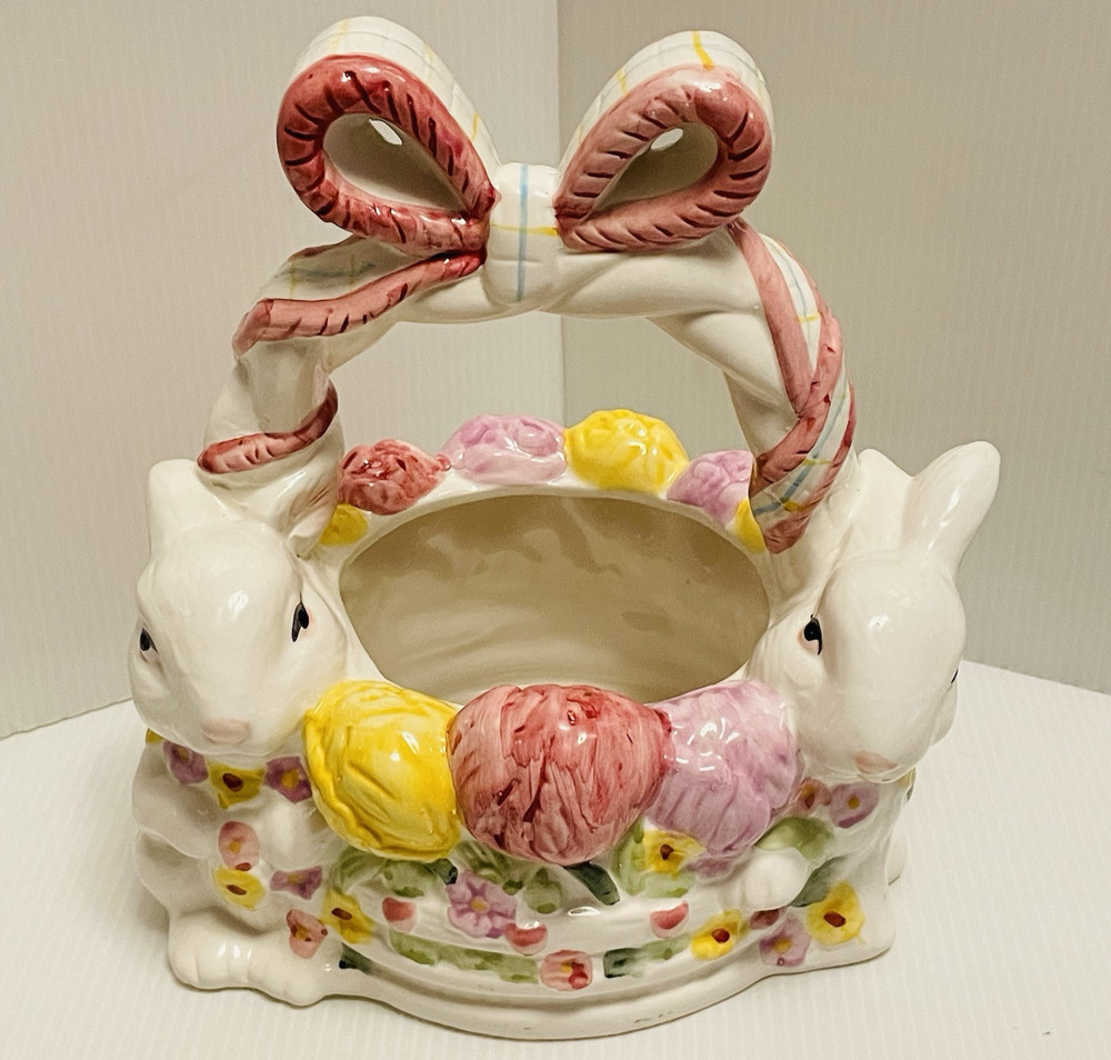 Ceramic Easter Egg Basket with Bow Handle Spring Bouquet and 2 Bunnies/Rabbits.