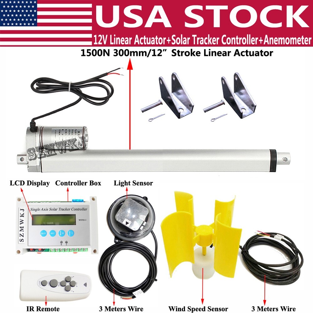 LCD Single Axis Solar Panel Tracker - 12V 12" 1500N Linear Actuator + Anemometer