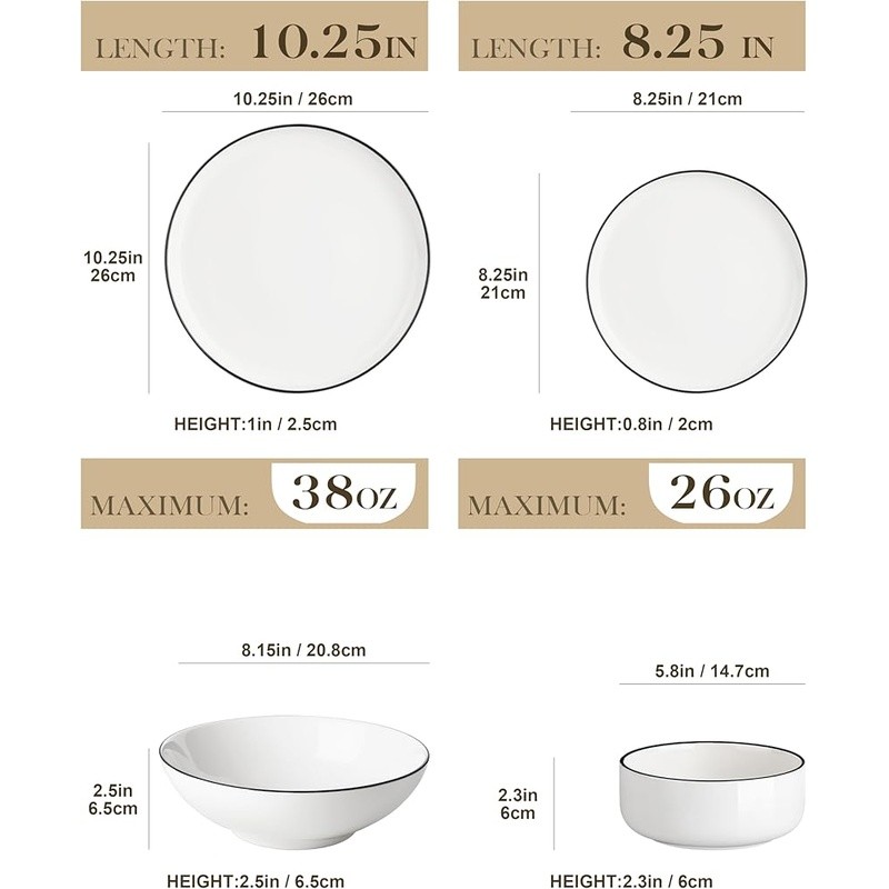 24 Pieces Porcelain Dinnerware Set Scratch Resistant Easy Clean Dishwasher Safe