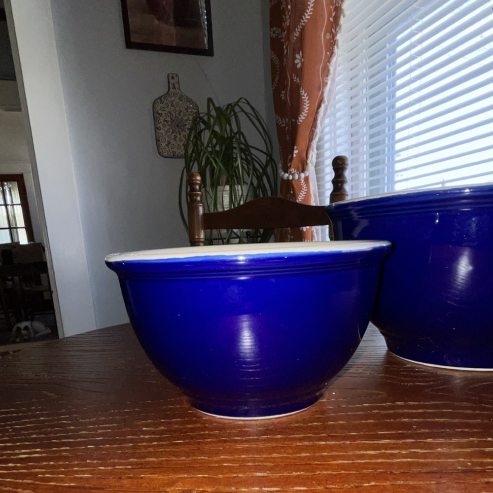 Ceramic Mixing Bowl Set of 2 Blue White Nesting Solid Pattern
