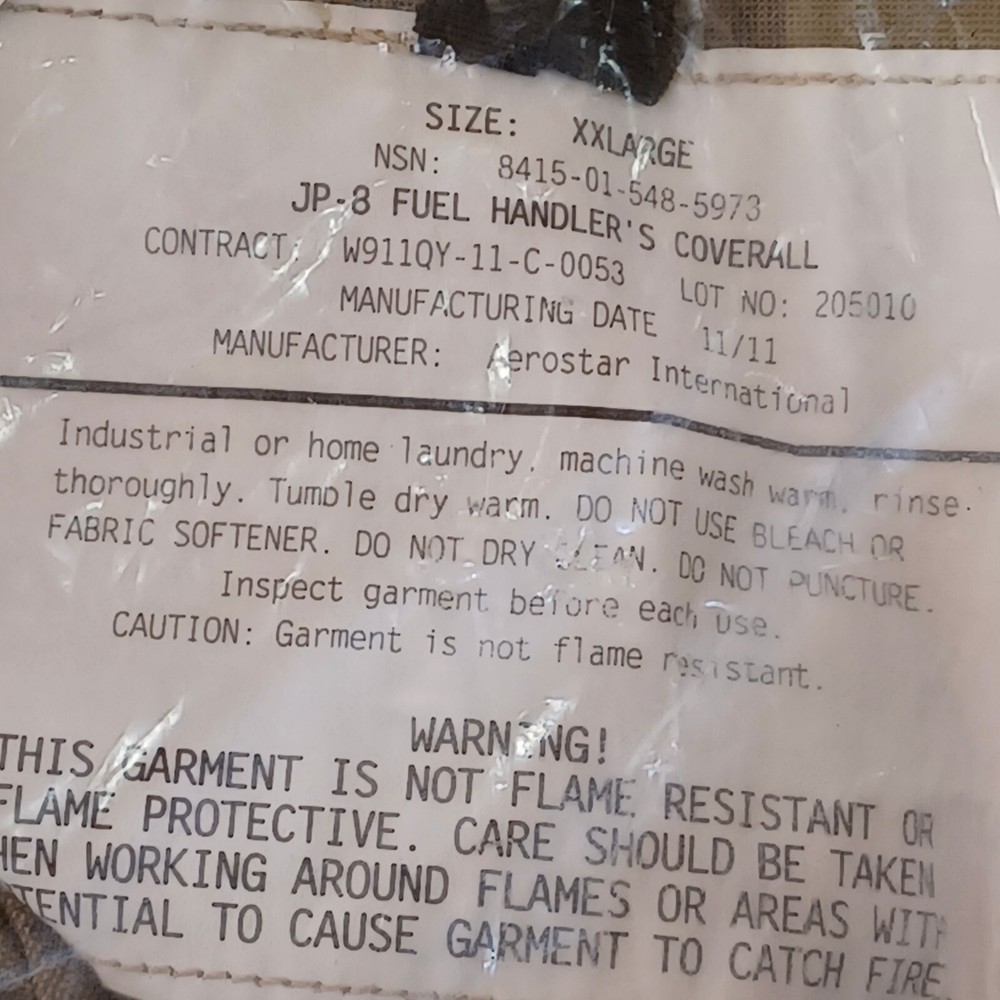 USGI JP-8 Fuel Handler's Covralls