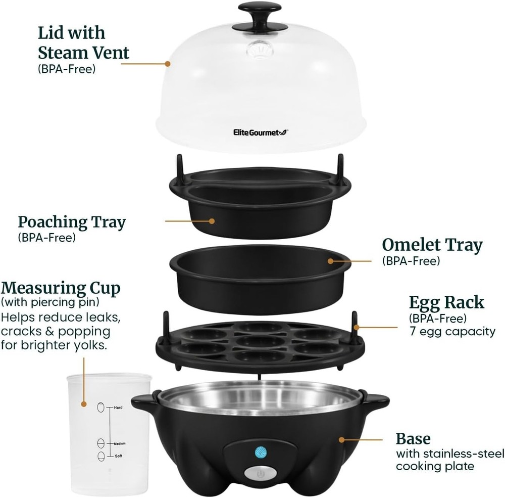 Rapid Egg Cooker for 7 Perfectly Cooked Hard, Medium, Soft Eggs - Auto Shut-Off