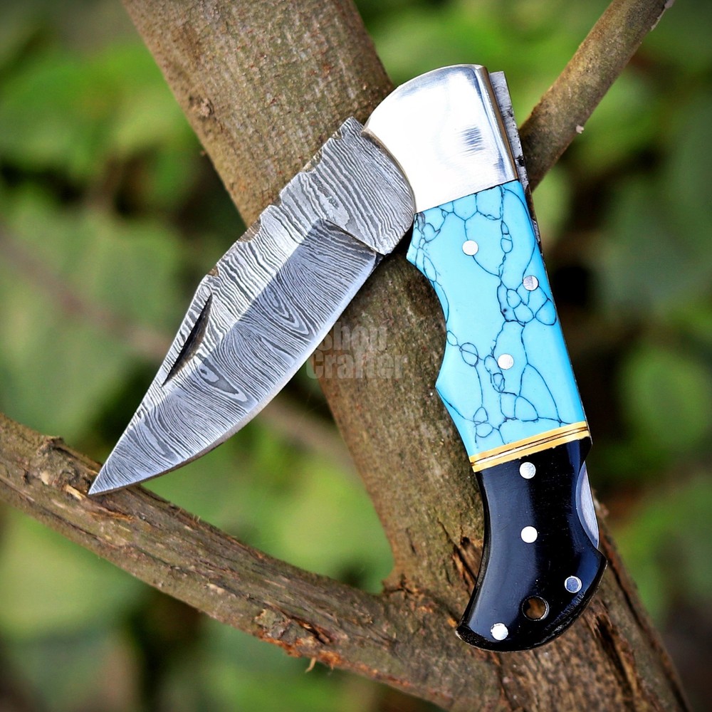 Handmade Damascus Folding Knife, Turquoise Stone Handle Leather Sheath Sharpner.