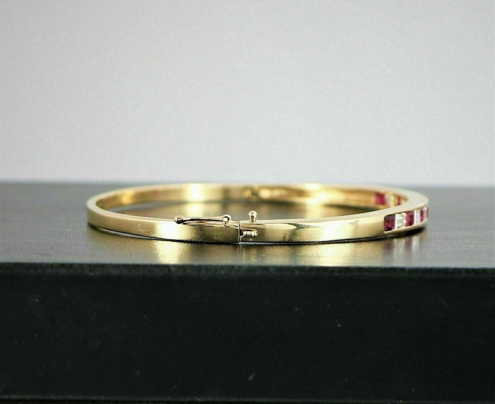4CT Princess Simulated Ruby & Diamond Bangle Bracelet 14K Yellow Gold Plated