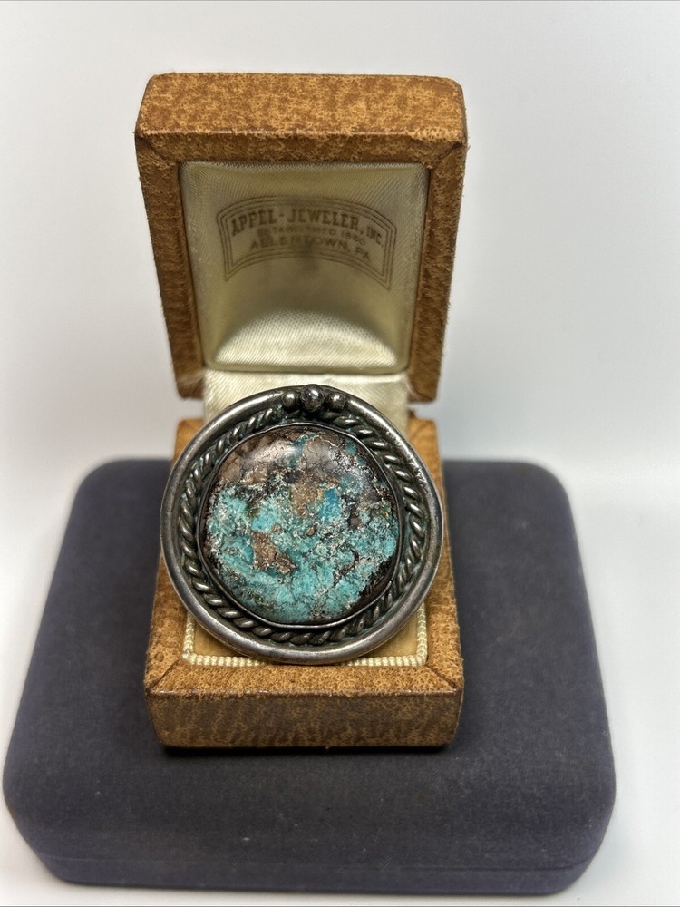 Large Native American Sterling Silver & Turquoise Twisted Cable Circle Ring