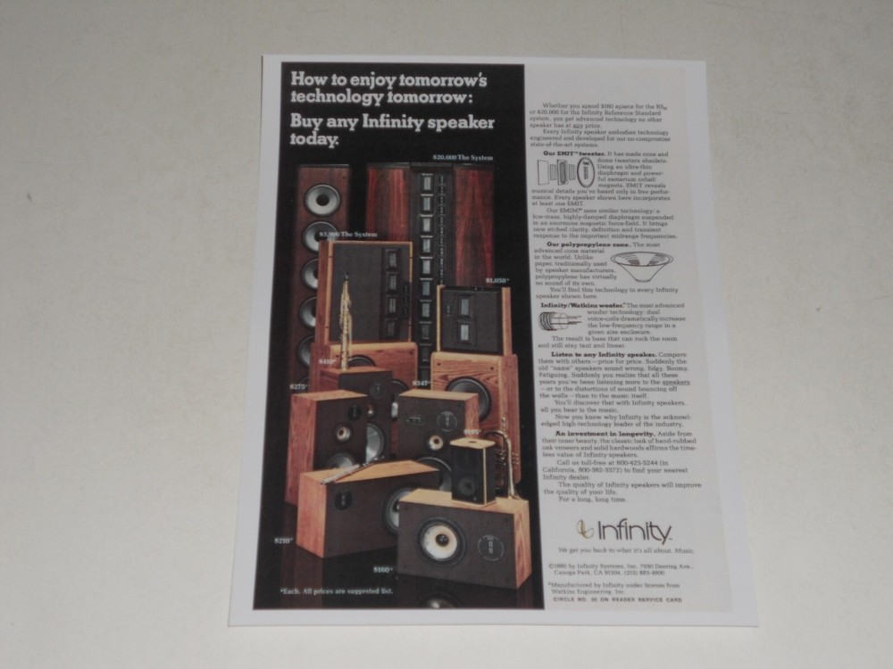 Infinity / Watkins RS Audiophile Speaker Ad '80 Article, 1 page, ready to frame