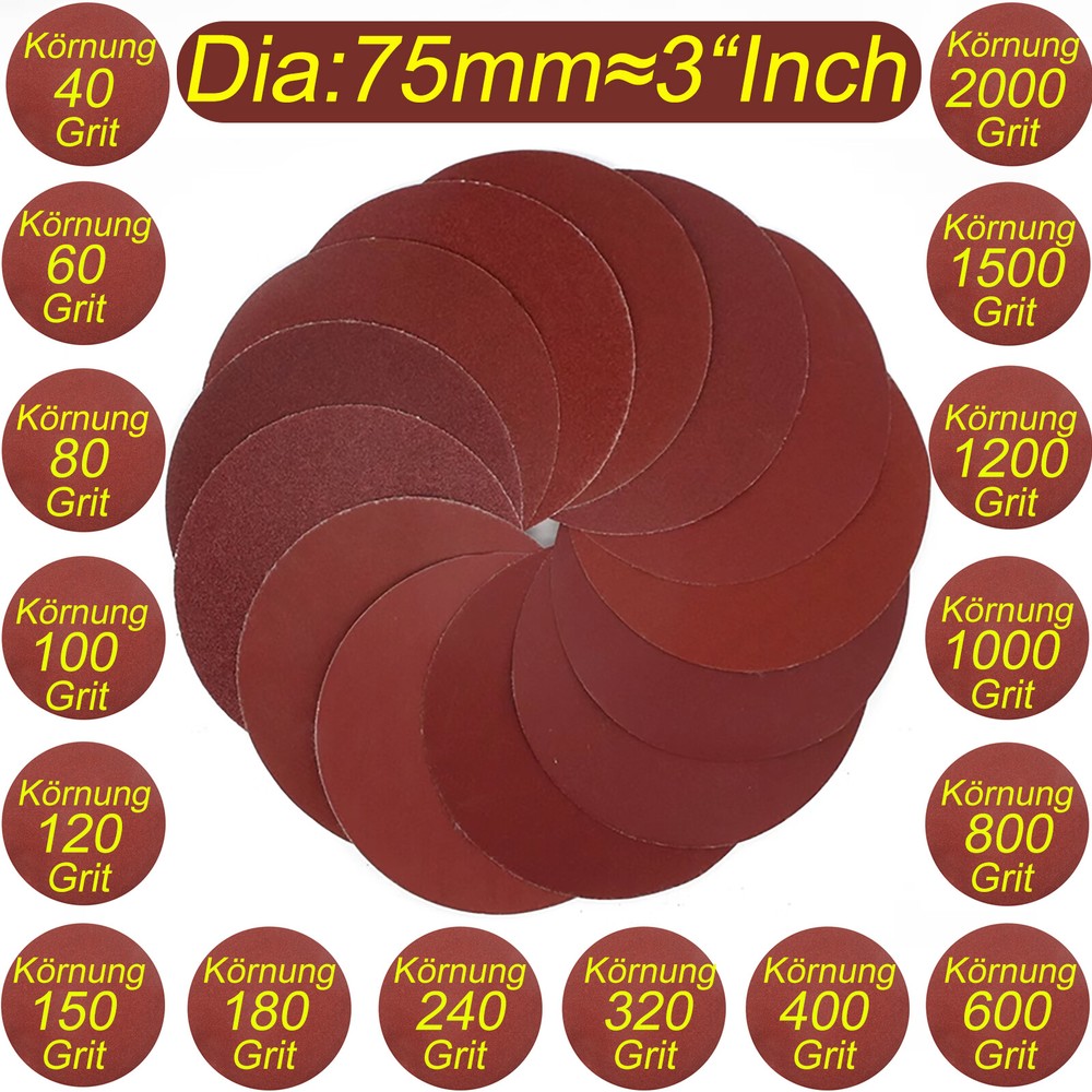 75mm Sanding Discs 3 inch Sander Pads Sandpaper 40 - 2000 grits Hook & Loop/Red