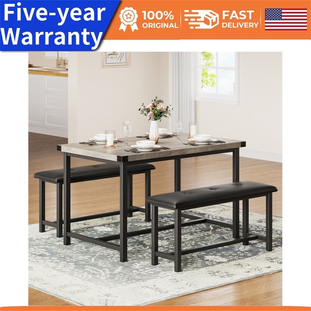 4PCS Kitchen Table Set with 2 Benches Dining Table Set with Upholstered Benches