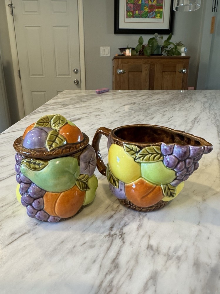 Vintage 1970 Fruit Hand Painted Sugar & Creamer Set