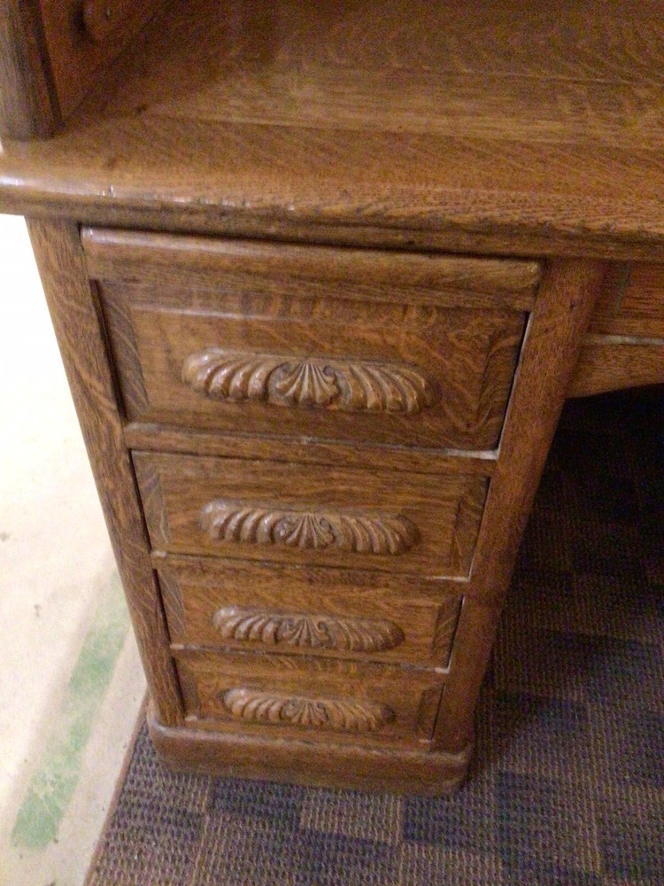Antique Oak Roll top S Curve Desk Raised Panel Sides