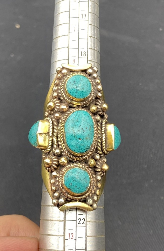 Unique Long Turquoise Ring in brass