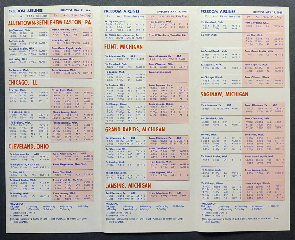 Freedom Airlines Timetable Effective May 15, 1982