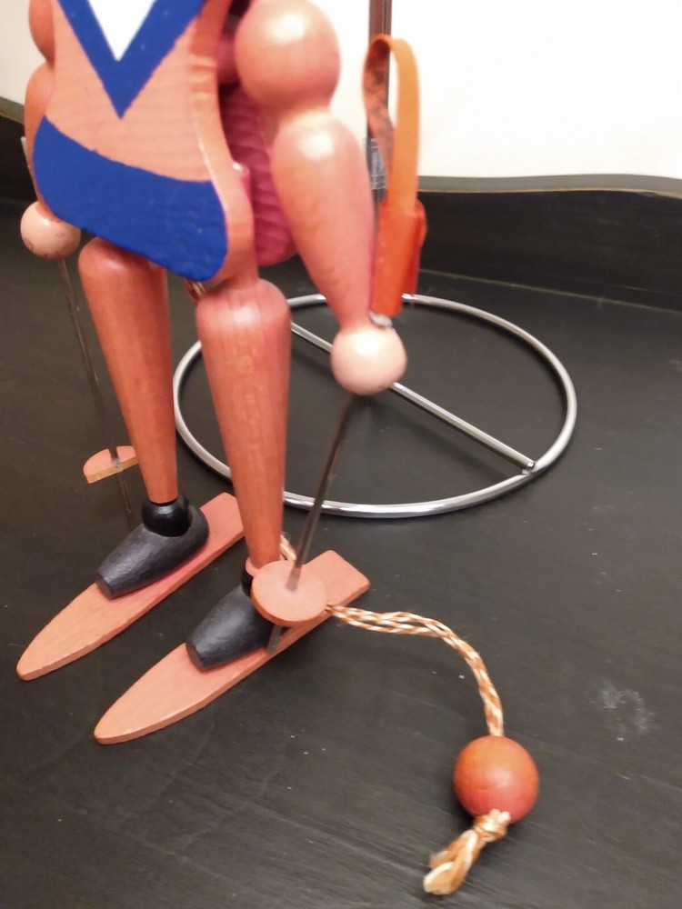 Vtg Made In Austria Wood Pull String Movable Skier Ornament