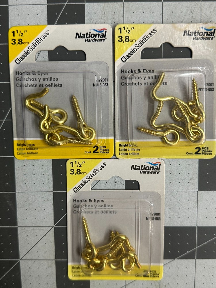 3-pack 2/PC National Hardware N118-083 Solid Brass Hook & Eye 1-1/2"