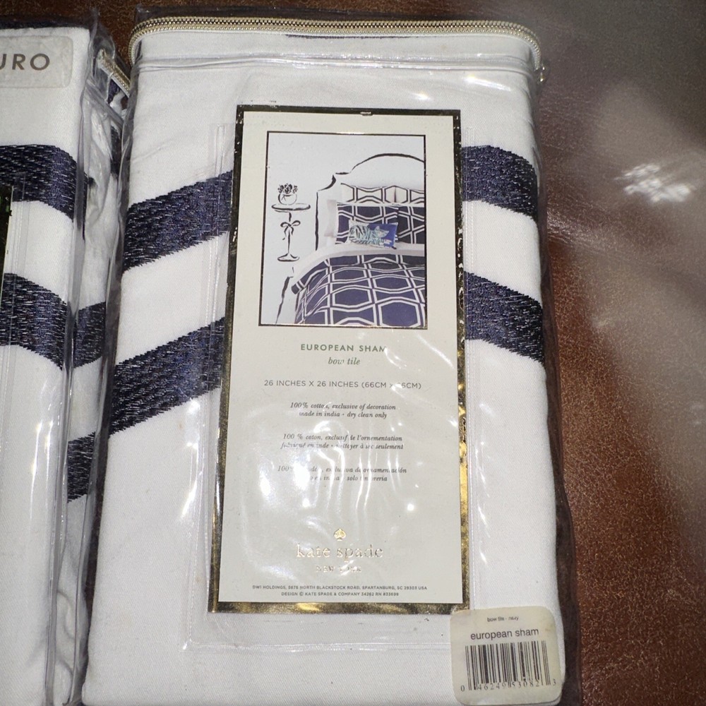 KATE SPADE 2pc EURO SHAM BOW TILE NAVY WHITE BNIP NICE
