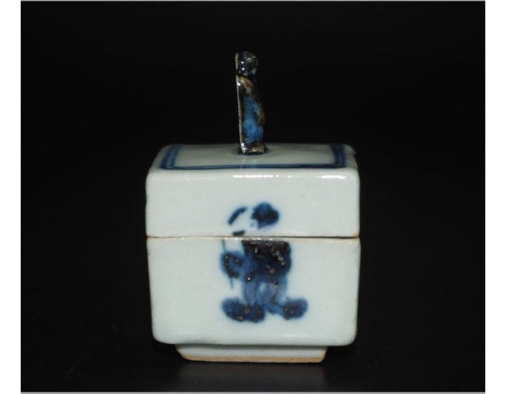 Kutani Ware Suda Seika Incense Container With Signed Box Japan blue white