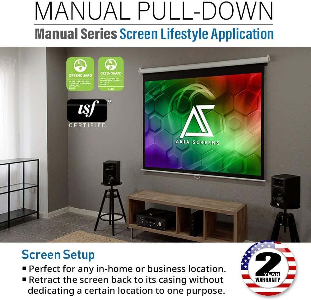 125" Manual Pull Down Projector Screen, 1:1 Retractable Projection Screen, Au...
