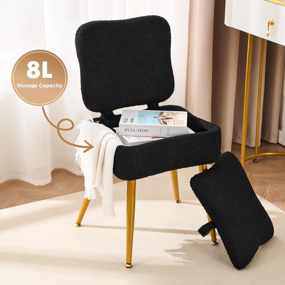 Small Vanity Chair with Storage and Foldable Backrest - Plush Teddy Fabric, 8...