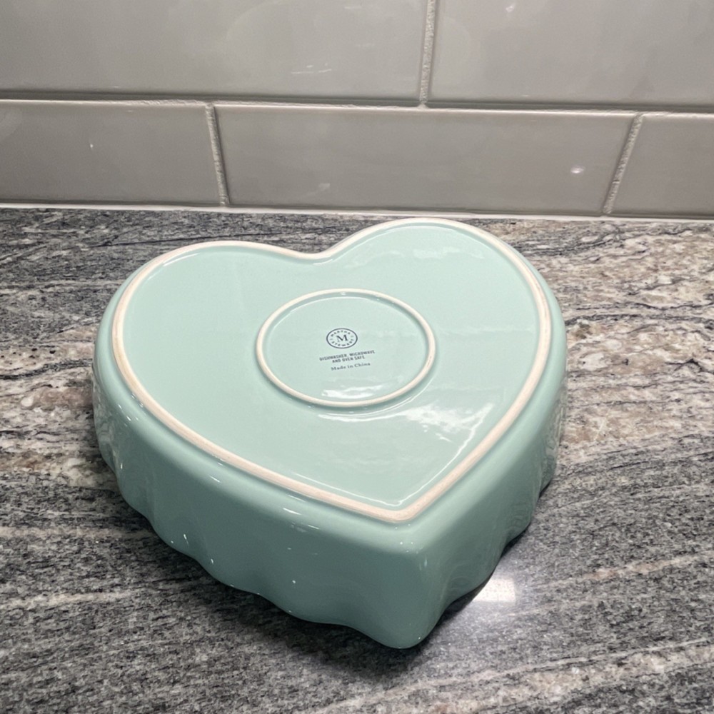 M Heart-Shaped Ceramic Baking Dish Light Blue Dishwasher Safe