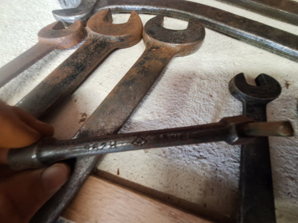 Vintage Williams metal toolbox with multiple Wrenches used