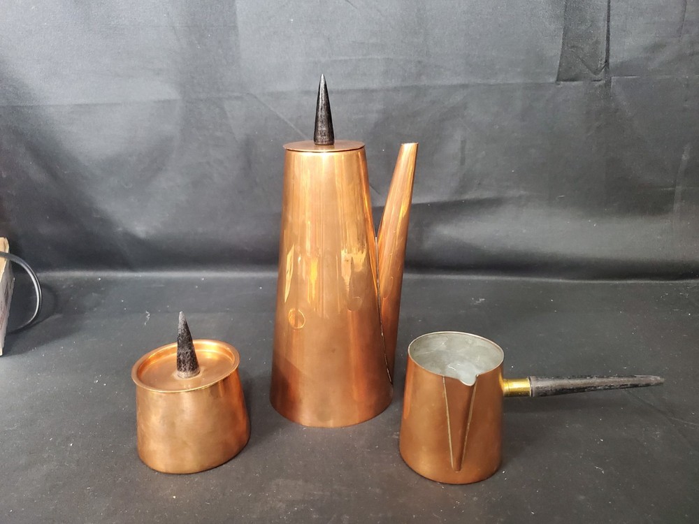 Mid Century Modern B&M Douro Angular Copper & Teak Coffee Pot Set Portugal 3pc