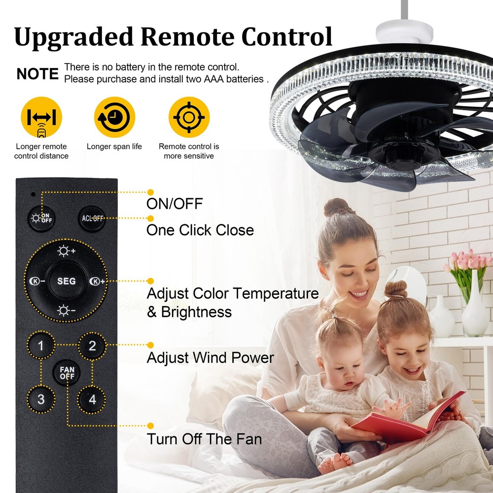 Socket Ceiling Fan Light,Bulb with Remote,Dimmable E26 Base Black