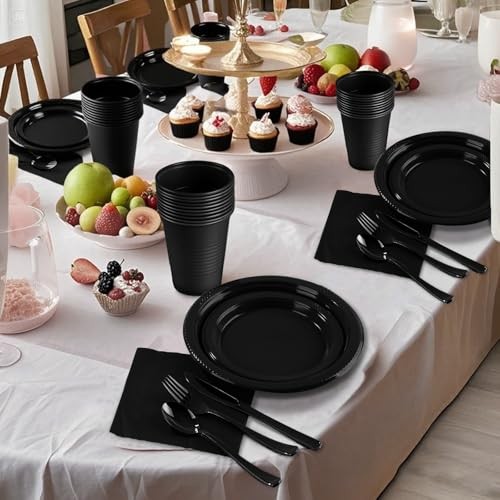 Plastic Plates,Disposable Plates Set,Disposable Plastic Dinnerware Serve Black