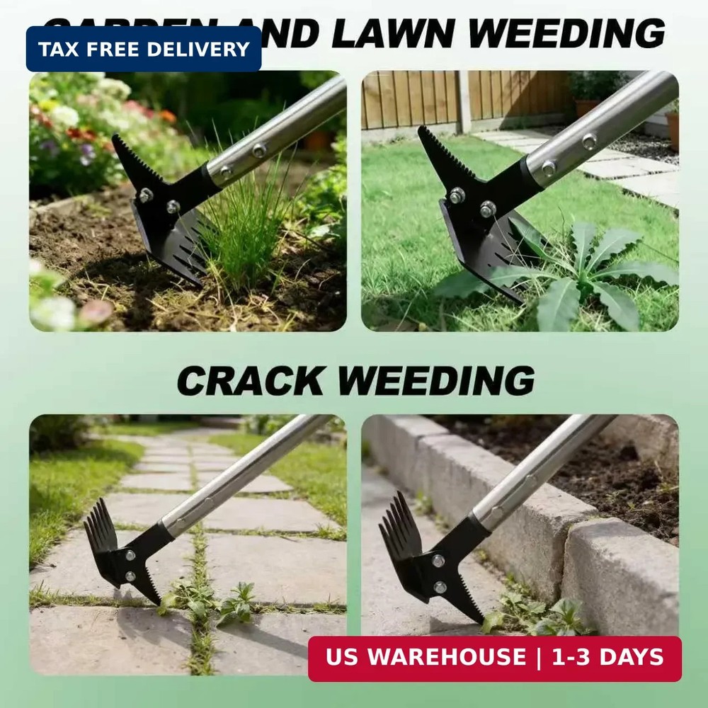 Weed Puller 61" Adjustable Long Handle, 2-in-1 Weed Rake & Crack Weeder with Det